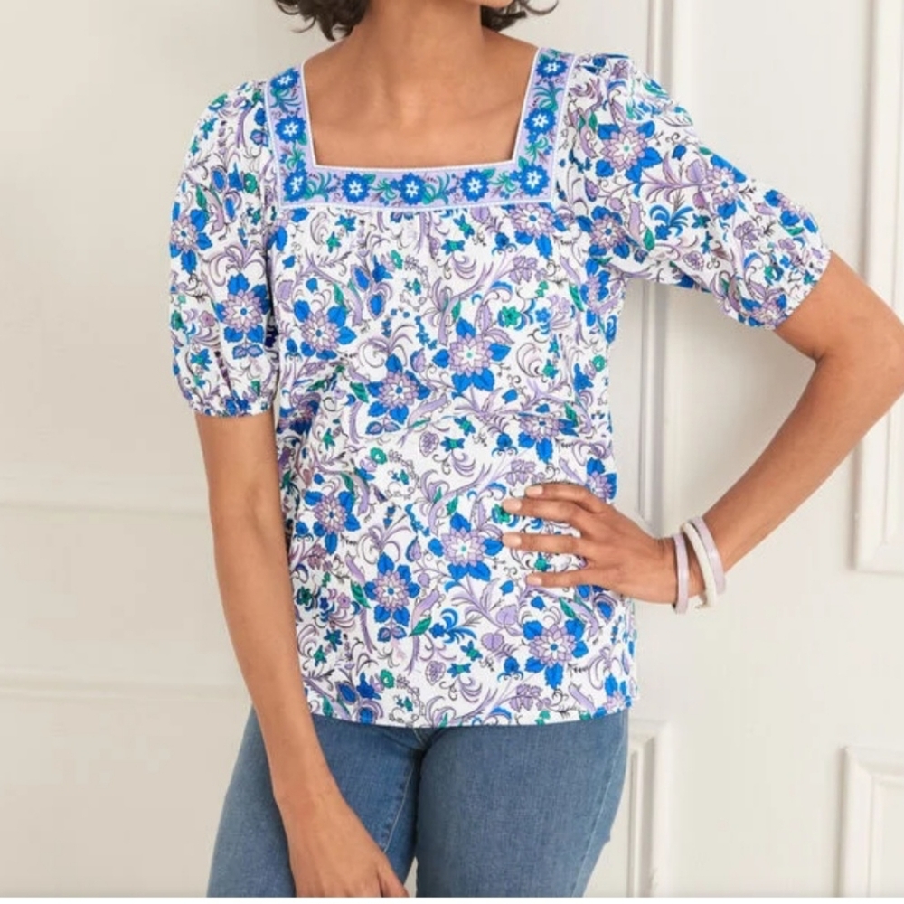 TALBOTS WOMEN'S  LILAC/BLUE CLASSIC STYLE,SQUARE NECK, PUFFED SLEEVE, SIZE L.
